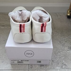 White Leather Womens Shoes with Red and Blue Stripes